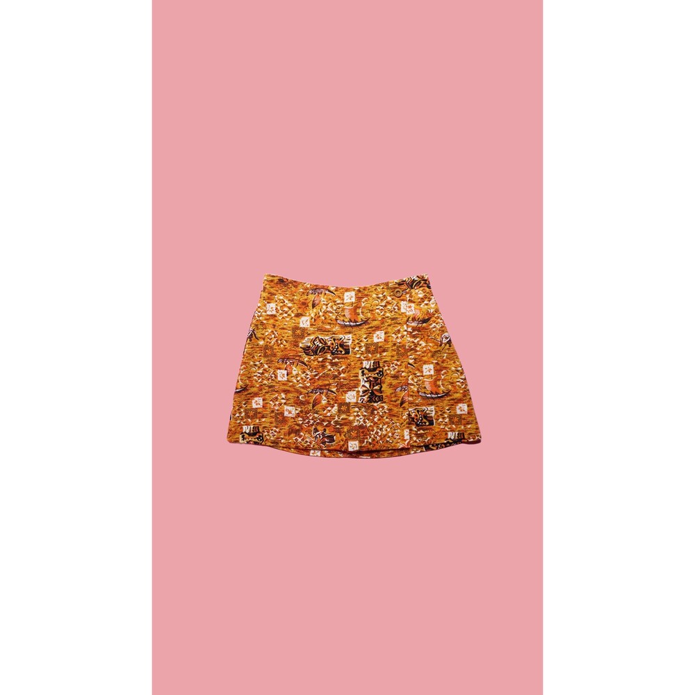 1990s ISAAC MIZRAHI Orange & Brown Island Tiki Print Faux Wrap Mini Skirt. S